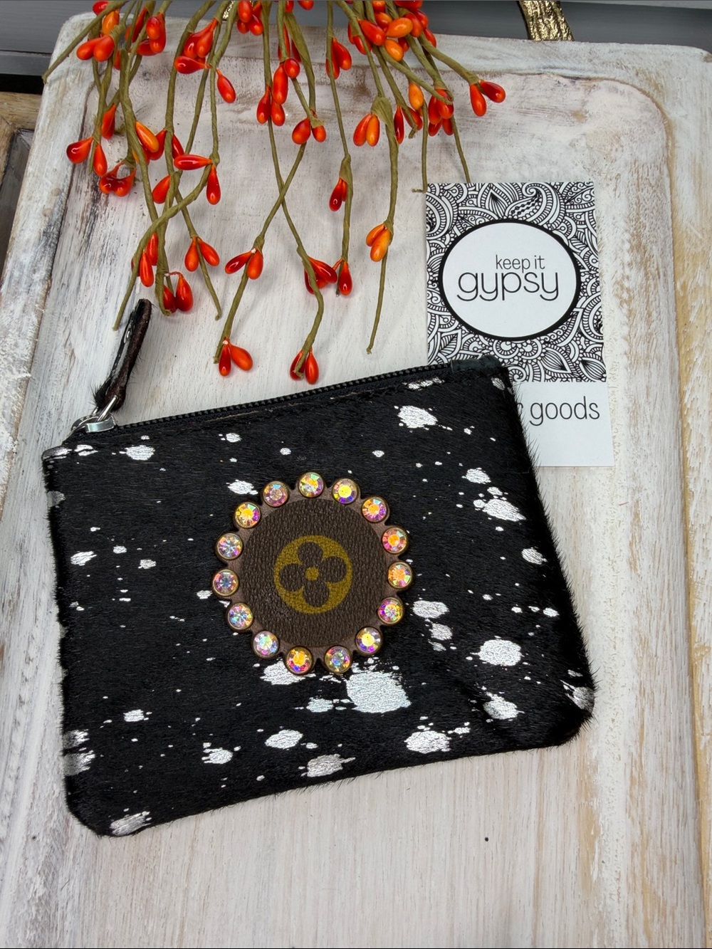 Keep it Gypsy Black Speckled Wristlet Coin Purse with Rhinestone Accent